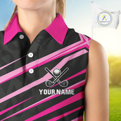 Pink and Black ribbon pattern Women Sleeveless polo shirt Custom breast cancer golf attire for ladies NQS10115