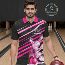Load image into Gallery viewer, Pink and Black ribbon pattern Men Bowling Shirts Custom breast cancer awareness Team Bowling Jersey NQS10116