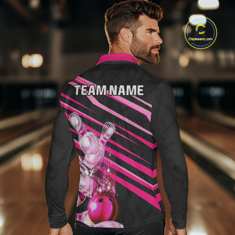 Pink and Black ribbon pattern Men Bowling Shirts Custom breast cancer awareness Team Bowling Jersey NQS10116