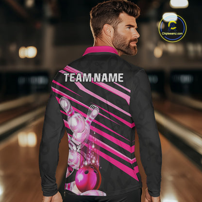 Pink and Black ribbon pattern Men Bowling Shirts Custom breast cancer awareness Team Bowling Jersey NQS10116