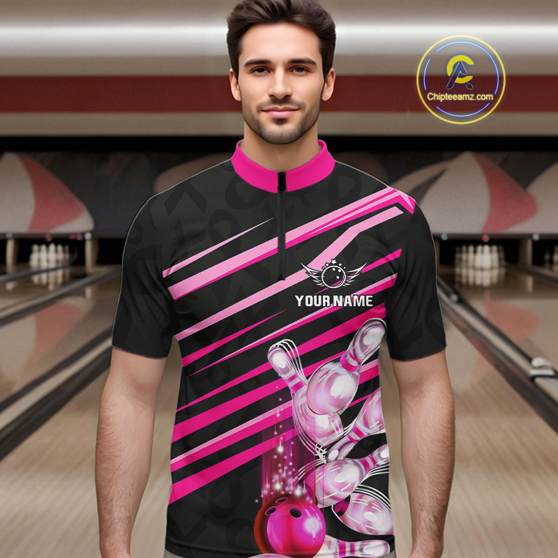 Pink and Black ribbon pattern Men Bowling Shirts Custom breast cancer awareness Team Bowling Jersey NQS10116