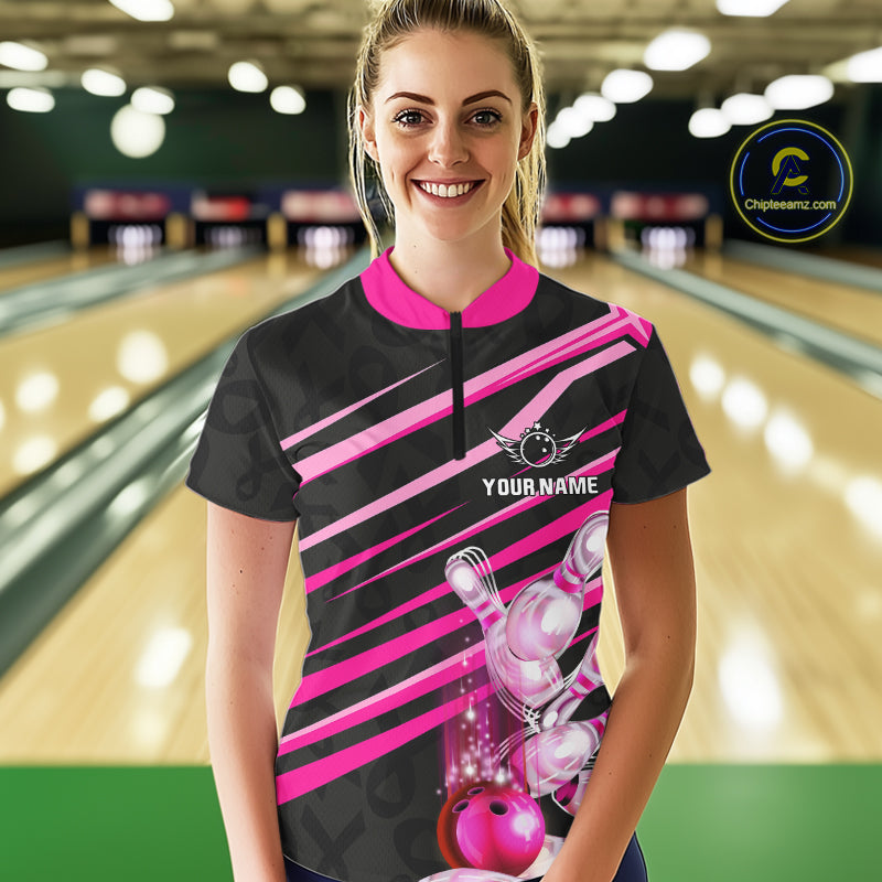 Pink and Black ribbon pattern Women Bowling Shirts Custom breast cancer awareness Team Bowling Jersey NQS10116