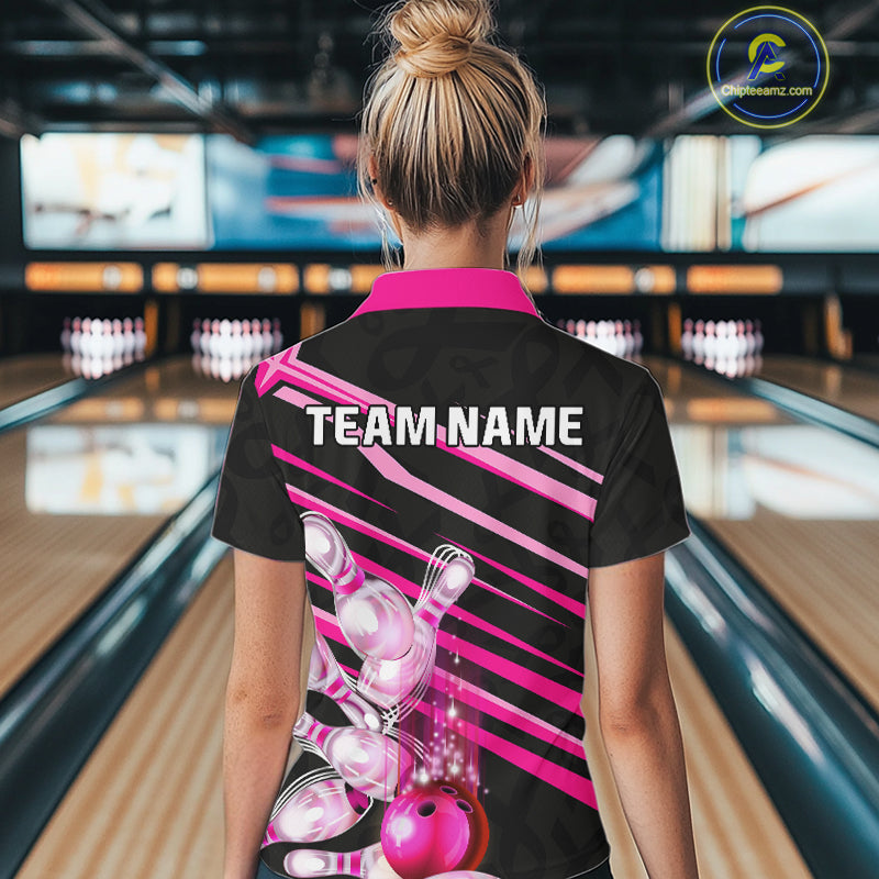 Pink and Black ribbon pattern Women Bowling Shirts Custom breast cancer awareness Team Bowling Jersey NQS10116