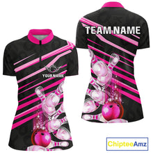 Load image into Gallery viewer, Pink and Black ribbon pattern Women Bowling Shirts Custom breast cancer awareness Team Bowling Jersey NQS10116