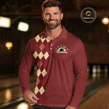 Load image into Gallery viewer, Red argyle pattern Bowling polo, 1/4 zip shirt for Men custom vintage bowling shirt, gift for bowlers NQS10255