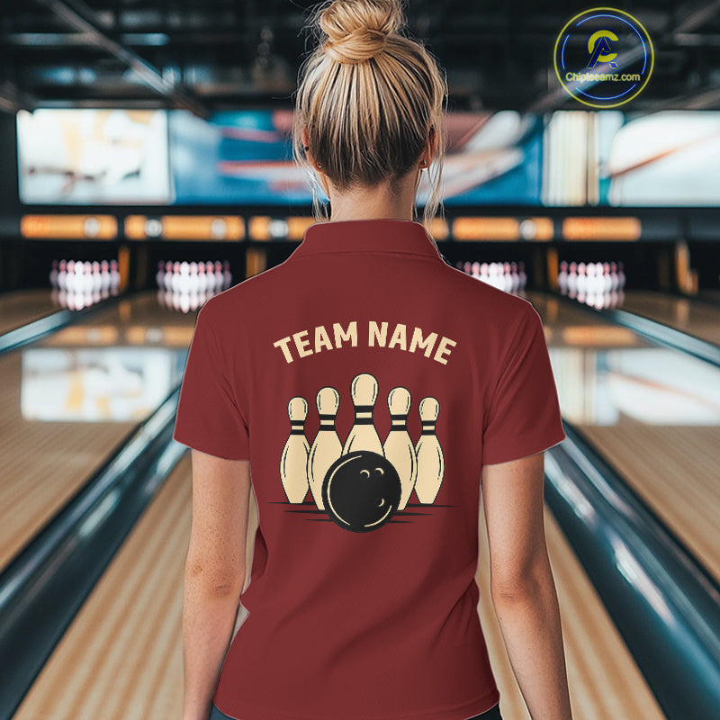 Red argyle pattern Women Bowling polo, 1/4 zip shirt custom vintage bowling shirt, gift for bowlers NQS10255