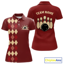 Load image into Gallery viewer, Red argyle pattern Women Bowling polo, 1/4 zip shirt custom vintage bowling shirt, gift for bowlers NQS10255