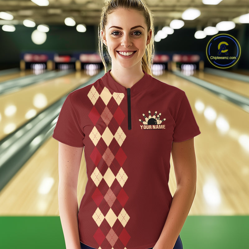 Red argyle pattern Women Bowling polo, 1/4 zip shirt custom vintage bowling shirt, gift for bowlers NQS10255