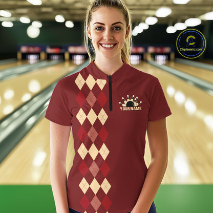 Red argyle pattern Women Bowling polo, 1/4 zip shirt custom vintage bowling shirt, gift for bowlers NQS10255