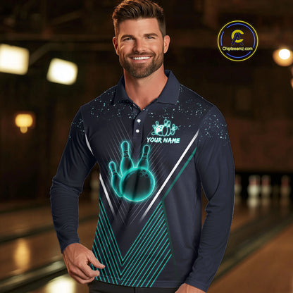 Bowling polo, quarter zip shirt for Men custom team bowling jersey, gift for bowlers | Turquoise NQS10256