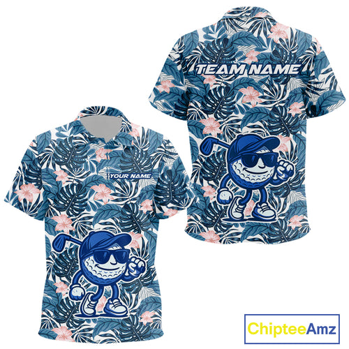 Blue tropical leaf pattern pink flower funny Golf polo shirts for Kid Custom Kid golf outfits NQS10119