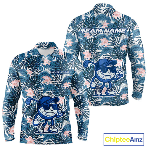 Blue tropical leaf pattern pink flower funny Golf polo shirts For Men Custom mens golf outfits NQS10119