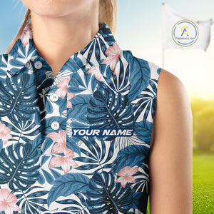 Blue tropical leaf pattern pink flower funny Sleeveless Golf polo shirts Custom ladies golf outfits NQS10119