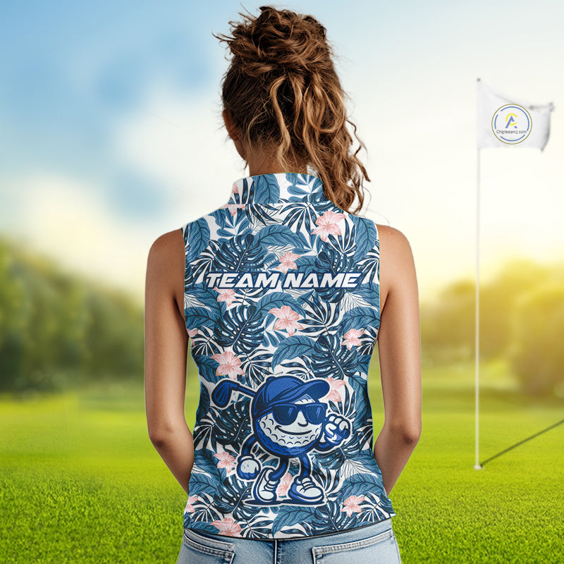 Blue tropical leaf pattern pink flower funny Sleeveless Golf polo shirts Custom ladies golf outfits NQS10119