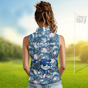 Blue tropical leaf pattern pink flower funny Sleeveless Golf polo shirts Custom ladies golf outfits NQS10119