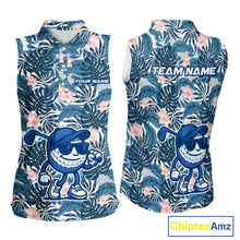 Load image into Gallery viewer, Blue tropical leaf pattern pink flower funny Sleeveless Golf polo shirts Custom ladies golf outfits NQS10119