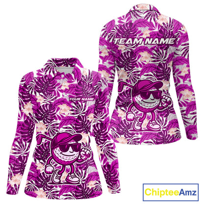 Pink tropical flower leaf pattern funny Golf polo shirts for Women Custom ladies golf outfits NQS10120