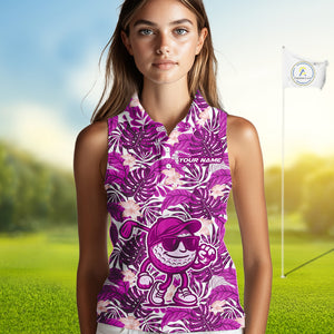 Pink tropical flower leaf pattern funny Sleeveless Golf polo shirts Custom ladies golf outfits NQS10120