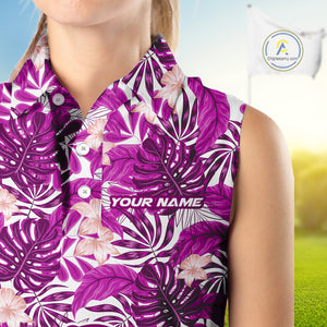 Pink tropical flower leaf pattern funny Sleeveless Golf polo shirts Custom ladies golf outfits NQS10120