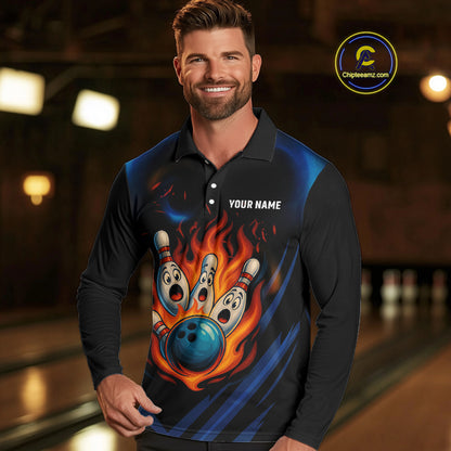 Blue and Black Flame Bowling shirts for Men custom funny bowling ball and pins team bowler jerseys NQS10260