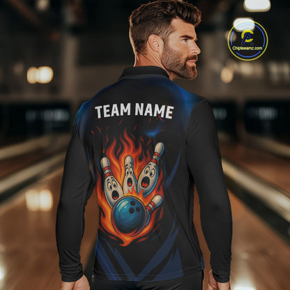 Blue and Black Flame Bowling shirts for Men custom funny bowling ball and pins team bowler jerseys NQS10260