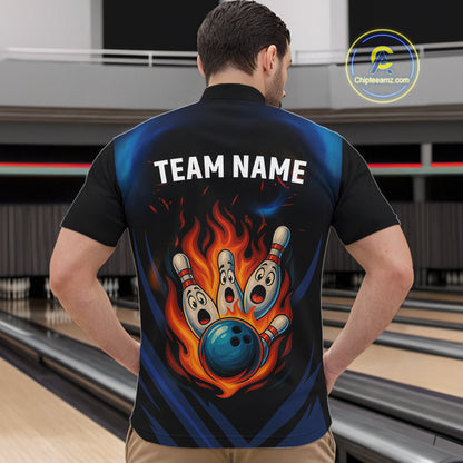 Blue and Black Flame Bowling shirts for Men custom funny bowling ball and pins team bowler jerseys NQS10260