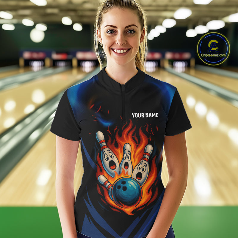 Blue and Black Flame Bowling shirts for Women custom funny bowling ball and pins team bowler jerseys NQS10260