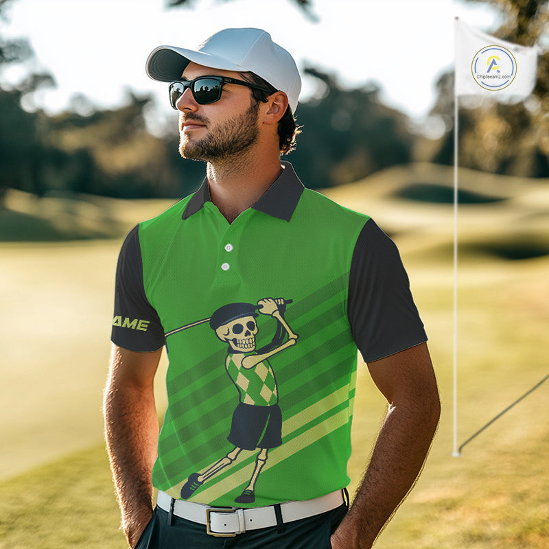 Funny argyle pattern Skull Golf Polo Shirts for men Custom mens golf attire, cool golf gifts | Green NQS10655