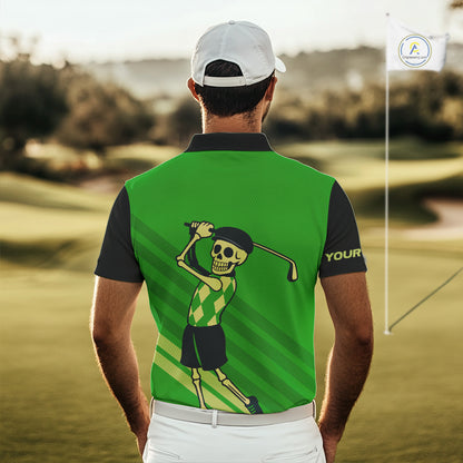 Funny argyle pattern Skull Golf Polo Shirts for men Custom mens golf attire, cool golf gifts | Green NQS10655
