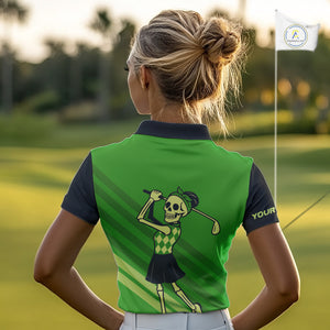 Funny argyle pattern Skull Golf Polo Shirt for Women Custom ladies golf attire, cool golf gift| Green NQS10655