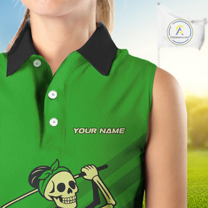 Funny argyle pattern Skull Sleeveless Polo Shirt Custom ladies golf attire, cool golf gift | Green NQS10655