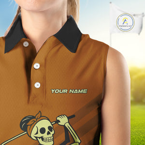 Funny argyle pattern Skull Sleeveless Polo Shirt Custom ladies golf attire, cool golf gift | Orange NQS10656