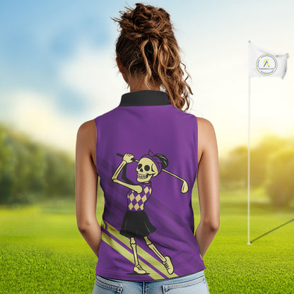Funny argyle pattern Skull Sleeveless Polo Shirt Custom ladies golf attire, cool golf gift | Purple NQS10657