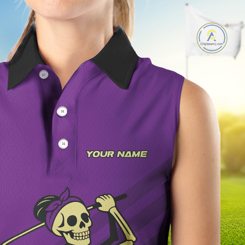 Funny argyle pattern Skull Sleeveless Polo Shirt Custom ladies golf attire, cool golf gift | Purple NQS10657