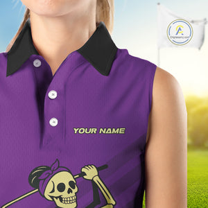Funny argyle pattern Skull Sleeveless Polo Shirt Custom ladies golf attire, cool golf gift | Purple NQS10657