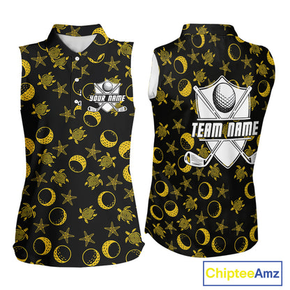 Black and Gold golf pattern Women sleeveless polo shirt Custom best ladies golf wear, golf gifts NQS10130