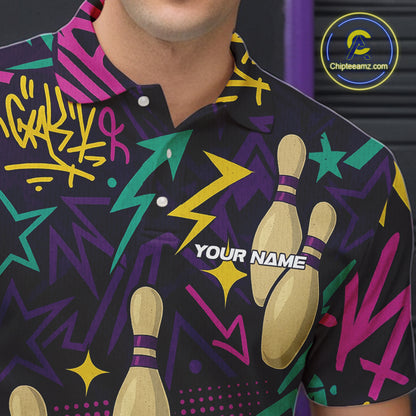 Custom purple graffiti pattern funny Bowling shirts for Men, bowling team league jerseys with Name NQS10270