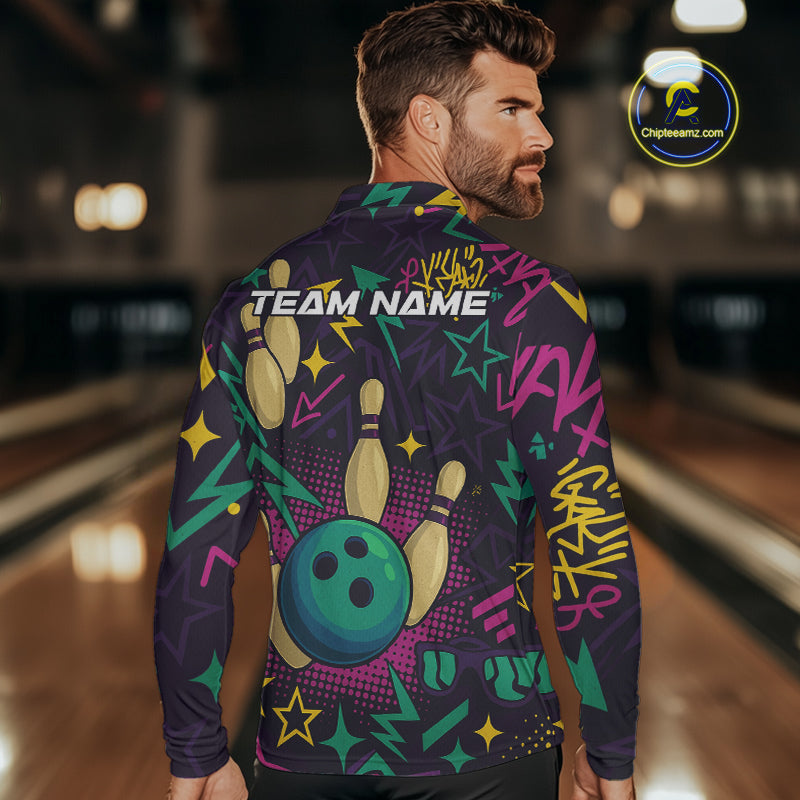 Custom purple graffiti pattern funny Bowling shirts for Men, bowling team league jerseys with Name NQS10270