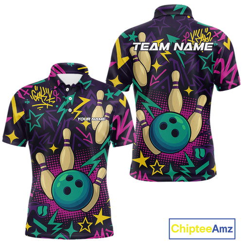 Custom purple graffiti pattern funny Bowling shirts for Men, bowling team league jerseys with Name NQS10270