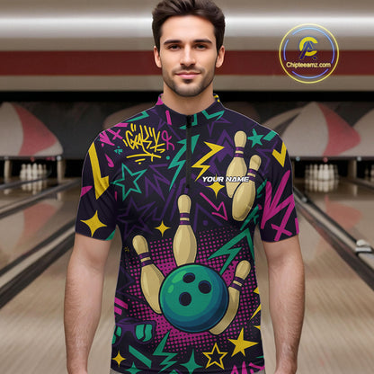 Custom purple graffiti pattern funny Bowling shirts for Men, bowling team league jerseys with Name NQS10270