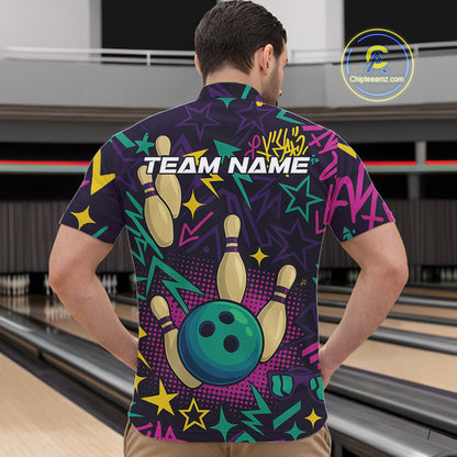 Custom purple graffiti pattern funny Bowling shirts for Men, bowling team league jerseys with Name NQS10270