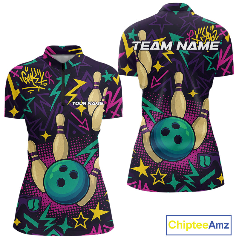 Custom purple graffiti pattern funny Bowling shirts for Women, bowling team league jerseys with Name NQS10270