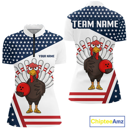 American Flag Funny Turkey Bowling Polo, 1/4 Zip shirt for Women custom patriotic bowling team jersey NQS10272