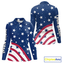 Load image into Gallery viewer, Red, White &amp; Blue stars pattern Women golf polo shirts Custom American Flag patriotic ladies golf top NQS10138