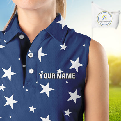 Red, White & Blue stars pattern Women sleeveless polos Custom American Flag patriotic ladies golf top NQS10138