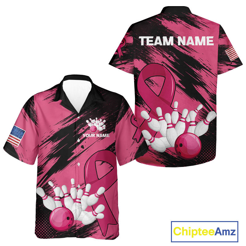 Black and Pink ribbon Bowling Hawaiian shirt Custom breast cancer American flag bowling team shirt NQS10141