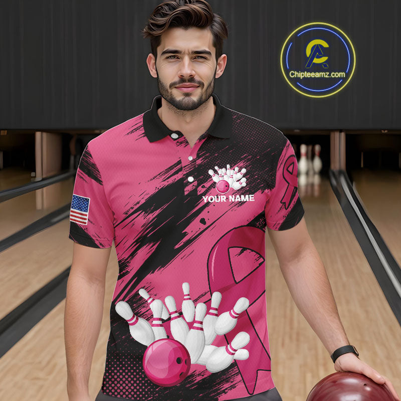 Black and Pink ribbon Bowling shirts for Men Custom breast cancer American flag bowling team jersey NQS10141