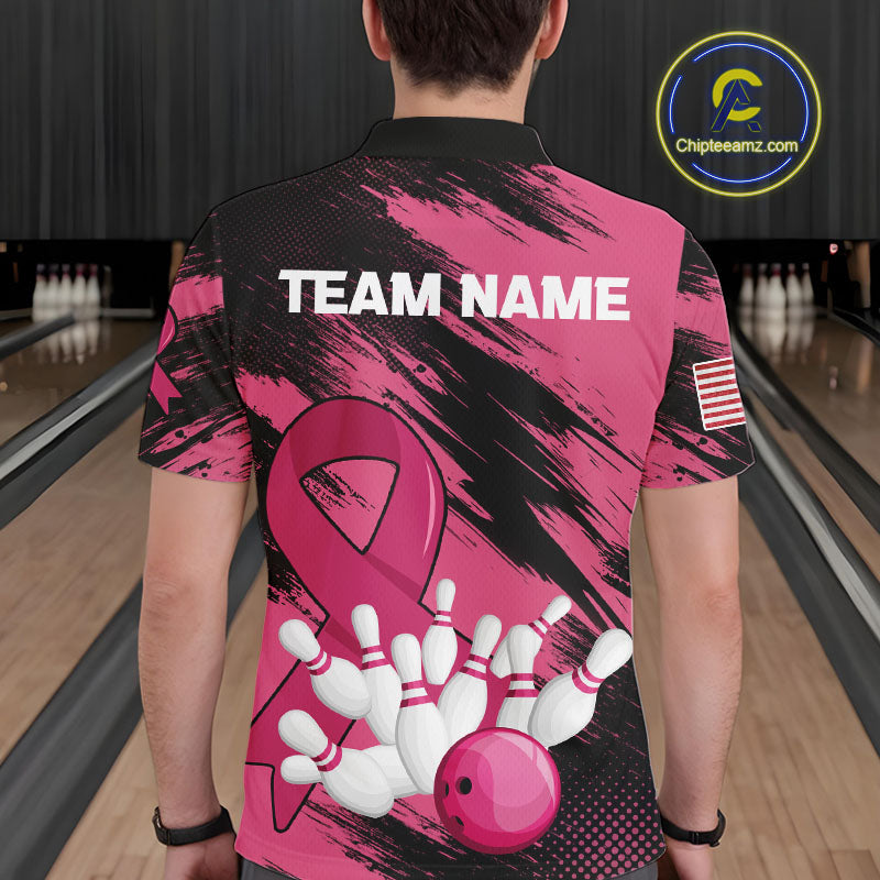 Black and Pink ribbon Bowling shirts for Men Custom breast cancer American flag bowling team jersey NQS10141