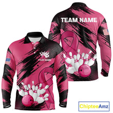 Load image into Gallery viewer, Black and Pink ribbon Bowling shirts for Men Custom breast cancer American flag bowling team jersey NQS10141