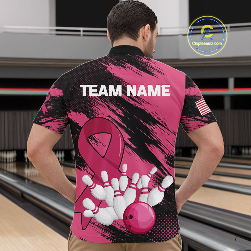 Black and Pink ribbon Bowling shirts for Men Custom breast cancer American flag bowling team jersey NQS10141